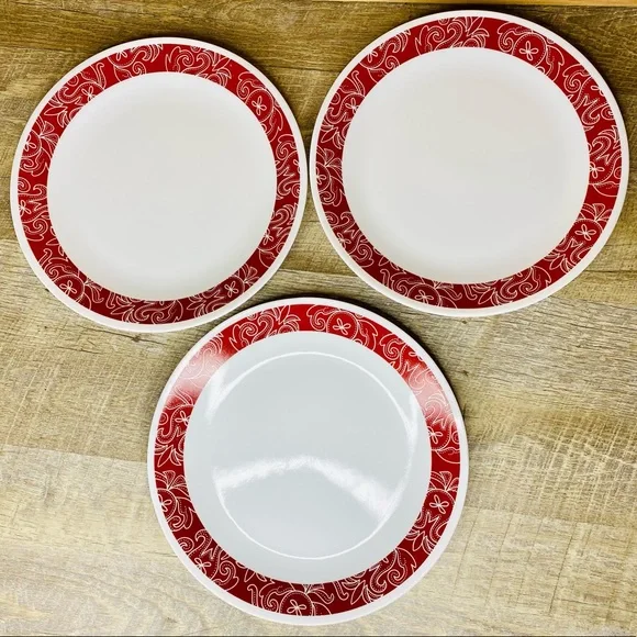 Set of Corelle Vitrelle BANDHANI Dinner Plates Red White Band